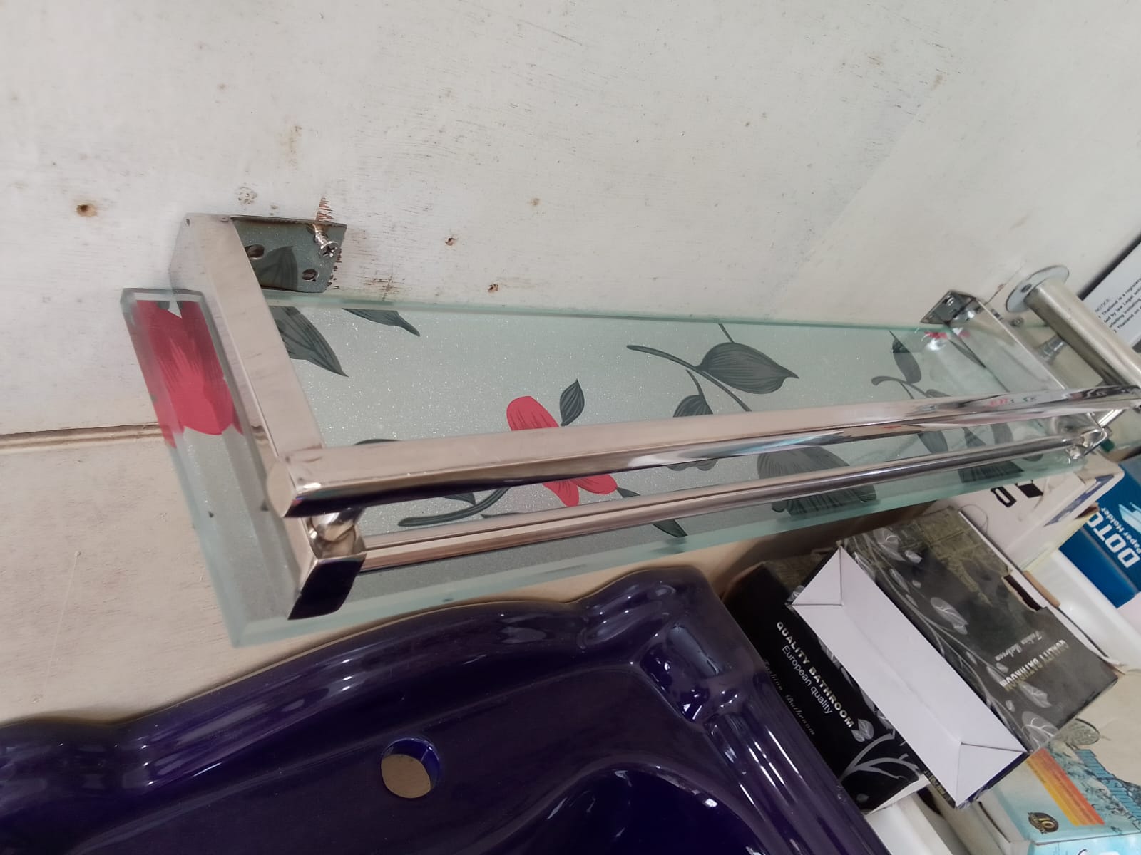 Picture of Glass Bathroom Shelf, Glass Shower Shelves for Bathroom Rectangular Tempered Glass Floating Shelves for Wall with  Stainless Steel Rail and STainless steel  Bracket18 inch shelf, 21 inch shelf