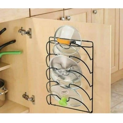 Picture of Metal Pot Lid Holder for Organizing Pans, Dishes, and Bakeware with Stable U-Shaped Design (Black)