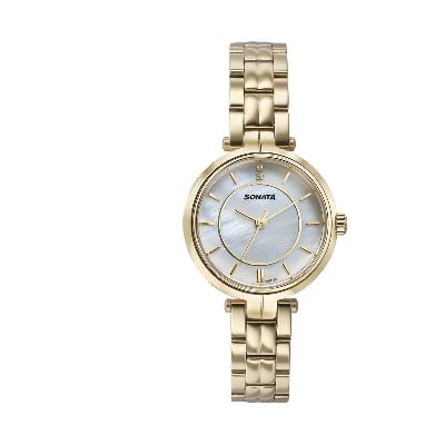 Picture of Sonata White Round Dial Gold Strap Watch For Ladies
