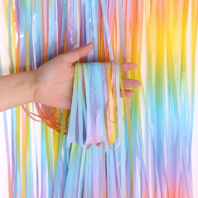 Picture of Rainbow Gradient Colorful Metallic Foil Fringe Curtain Pastel Candy Colored Metallic Tinsel Curtain Backdrop for Birthday Party Baby Shower Party Decoration - Multicolor