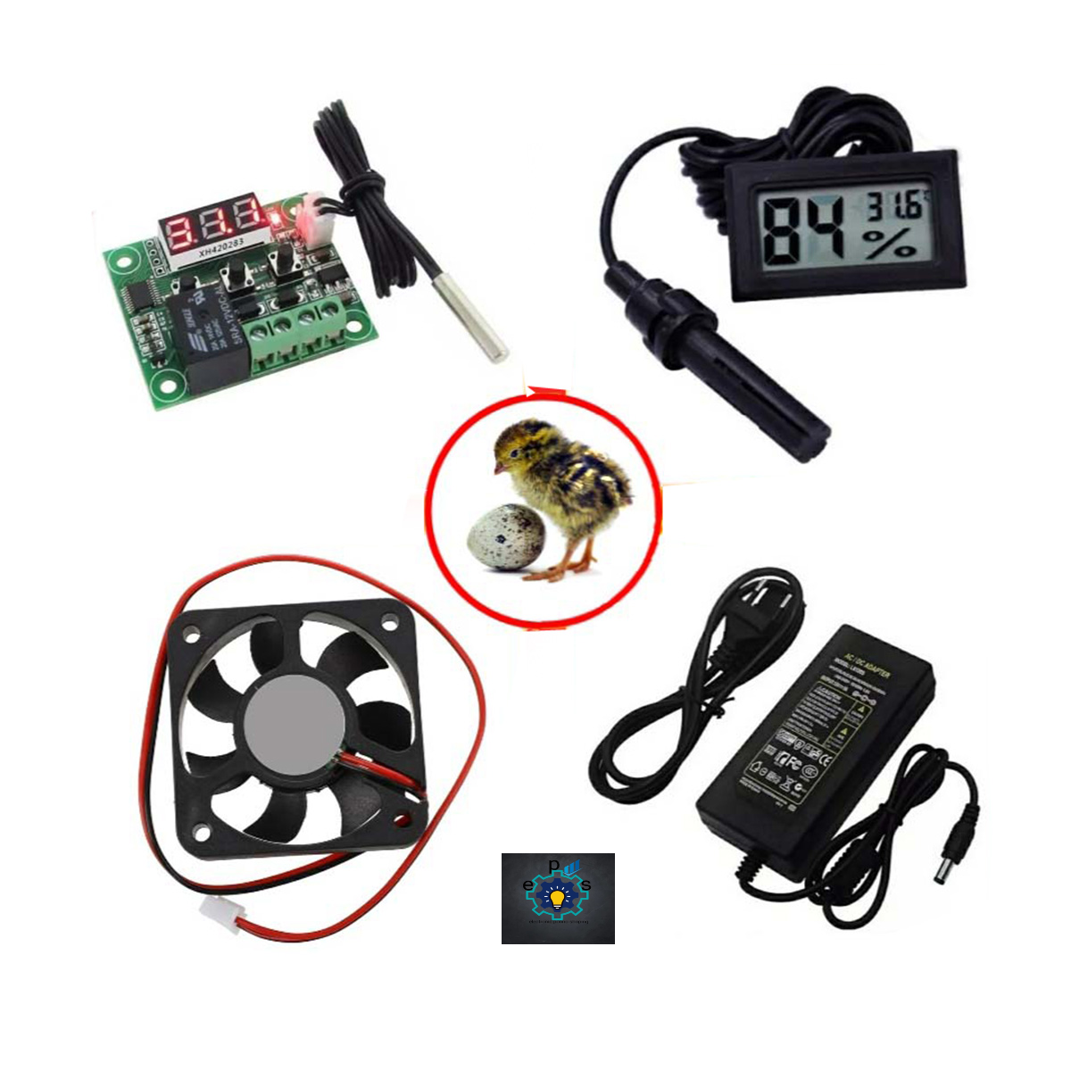Picture of W1209 + Hygrometer + DC 12V Cooling Fan 4 inch + 12V 5A Adapter Mini Egg Incubator Combo Package for Egg Incubator System XH-M452 XM-18 HTC-2 (Multicolor)