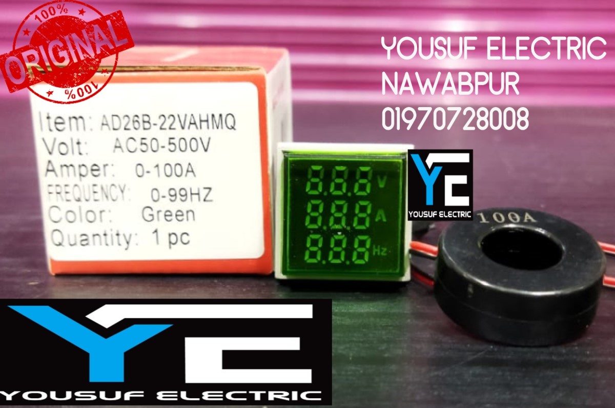 Picture of 3 In 1 Volt Amp Hz Meter Panel Mount 22Mm Square Panel 3 In 1 Ac 60-500V 0-100A 20-75Hz Led Digital Display Voltage Volt Current Ampere - Green