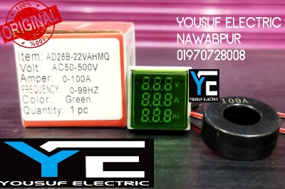 Picture of 3 In 1 Volt Amp Hz Meter Panel Mount 22Mm Square Panel 3 In 1 Ac 60-500V 0-100A 20-75Hz Led Digital Display Voltage Volt Current Ampere - Green