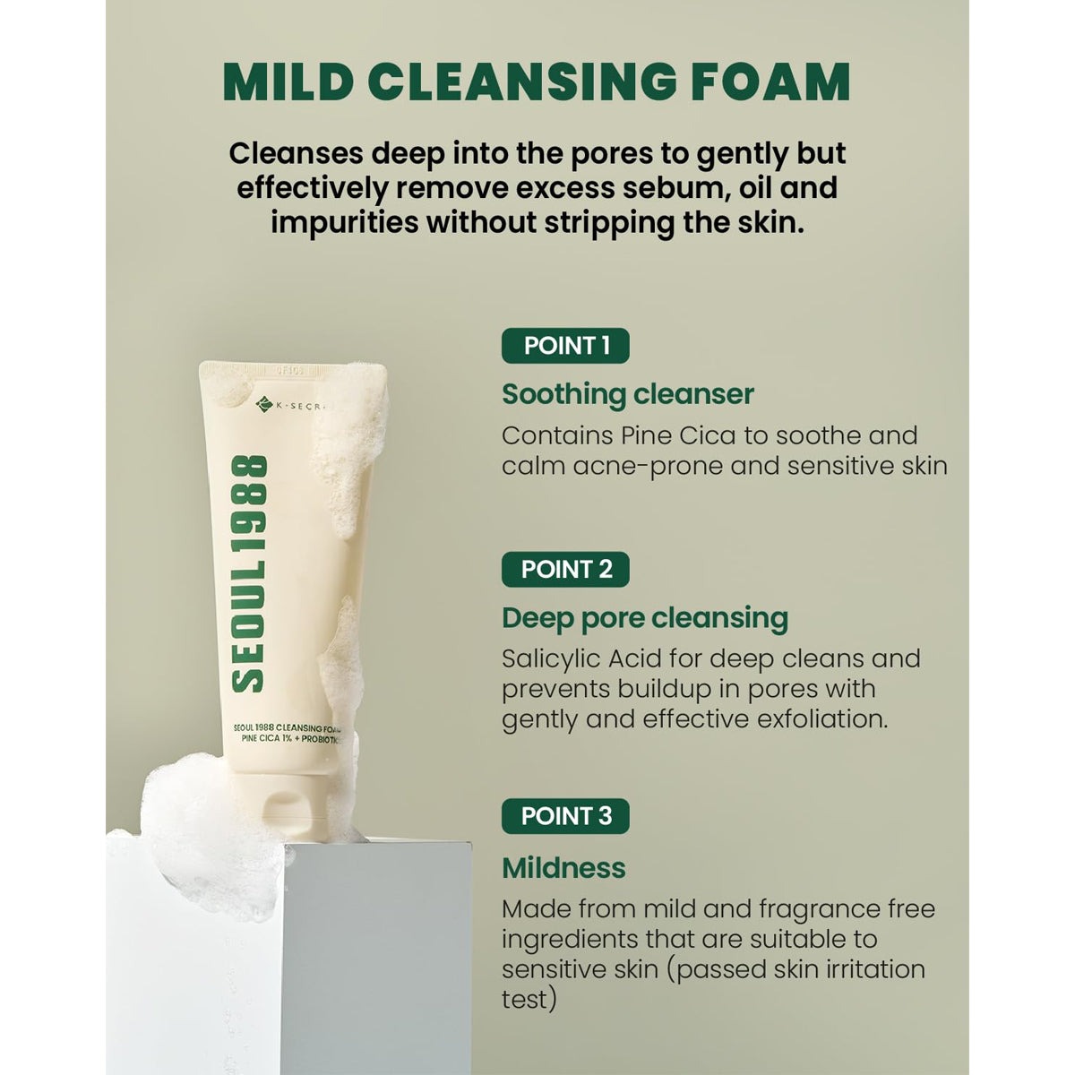 Picture of K-Secret Seoul 1988 Cleansing Foam with Pine Cica 1% & Probiotics – Deep Cleansing & Acne Care (150ml)-(OFF White)