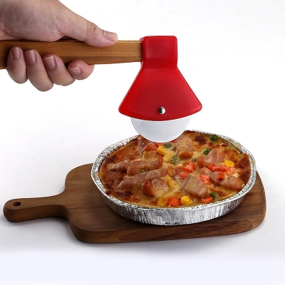 Picture of Product details of Stainless Steel Pizza Cutter Sharp Pizza Slicer With Bamboo Handle Axe Shaped Pizza Cutter 1 piece - Red
