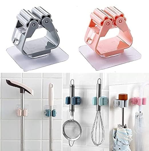 Picture of Plastic Mop Holder and Broom Holder Wall Mounted Self Adhesive Broom Stick Holder, Anti-Slip Broom Organizer, Multifunction Mop & Broom Stand for Kitchen, Bathroom - Multicolor