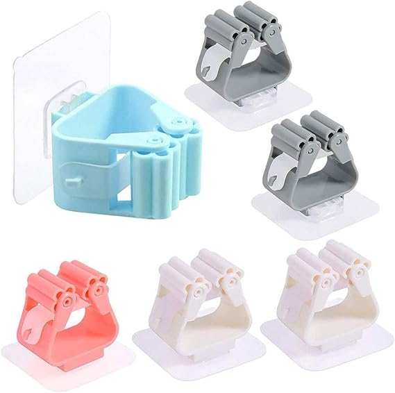 Picture of Plastic Mop Holder and Broom Holder Wall Mounted Self Adhesive Broom Stick Holder, Anti-Slip Broom Organizer, Multifunction Mop & Broom Stand for Kitchen, Bathroom - Multicolor