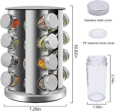 Picture of pice Rack,16-Jar Revolving Countertop Spice Tower,Stainless Steel Spice Organizer, Seasoning Storage Organization with 16 Empty Glass Spice - Multicolor