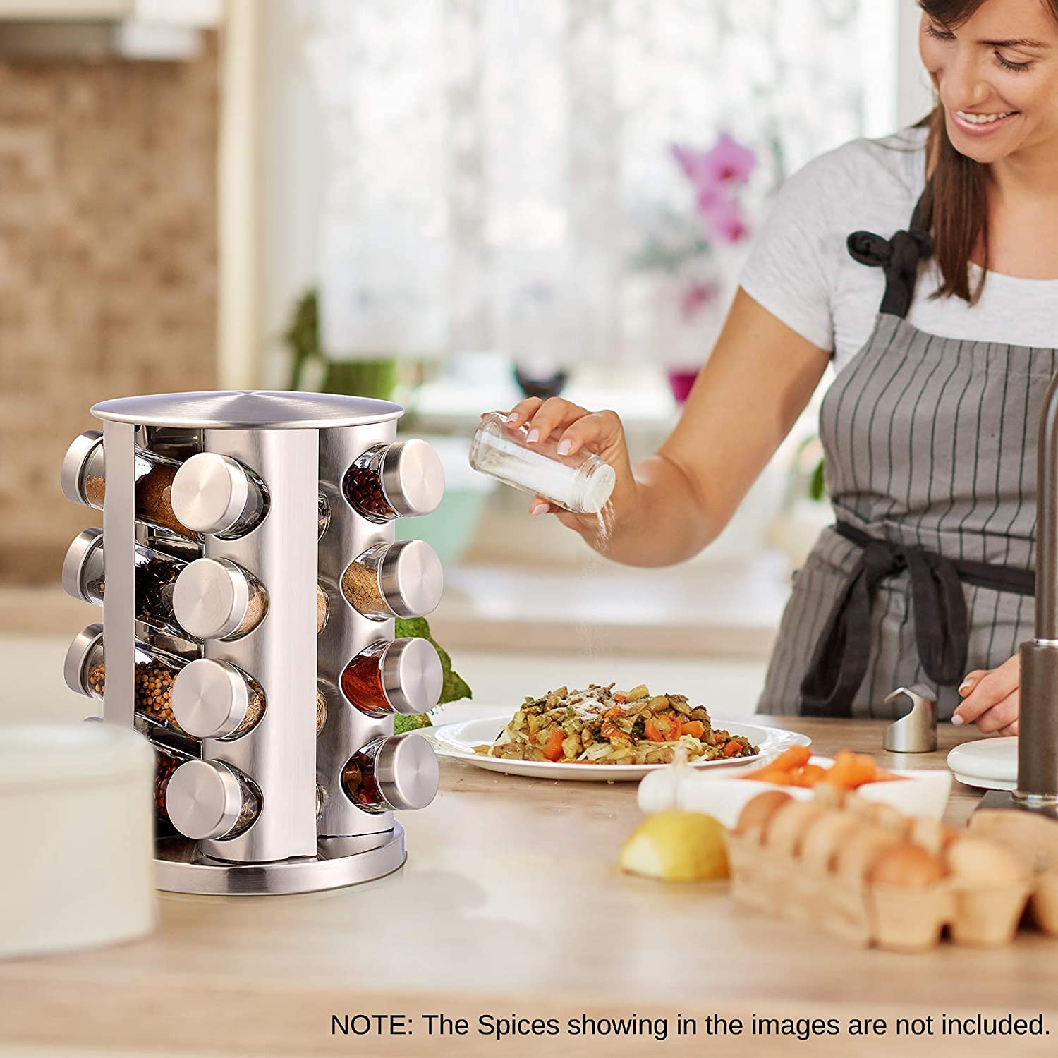 Picture of pice Rack,16-Jar Revolving Countertop Spice Tower,Stainless Steel Spice Organizer, Seasoning Storage Organization with 16 Empty Glass Spice - Multicolor