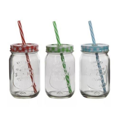 Picture of Juice Glass Straw Jar with Lid and Straw Summer Ice Cream Fruit Cold Drinking Water Jars Cold Coffee Juice Cup Glass Mason Jar 500 ml - Coffee Mug - Multicolor
