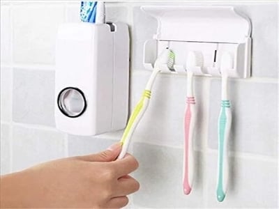 Picture of Plastic Automatic Hands-Free Wall Mounted Toothpaste Dispenser Toothpaste Squeezer with Sticky Suction Pad & 5 Toothbrush Holder - White