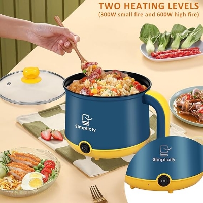 Picture of Electric Hot Pot 1.8L Mini Electric Cooking Pot with Steam Rack & Handle, 2 Gear Non-Stick Skillet Cooker Dry Protection Heating Boil Rapid Ramen Noodles Cooker for Soup Porridge - Multicolor