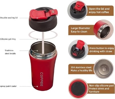 Picture of Coffee Travel Mug Stainless Steel Vacuum Coffee Cup Leakproof with Screw Lid Double Wall Coffee Tumbler Reusable Thermal Cup for Hot/Iced Beverage - 400ml - Multicolor
