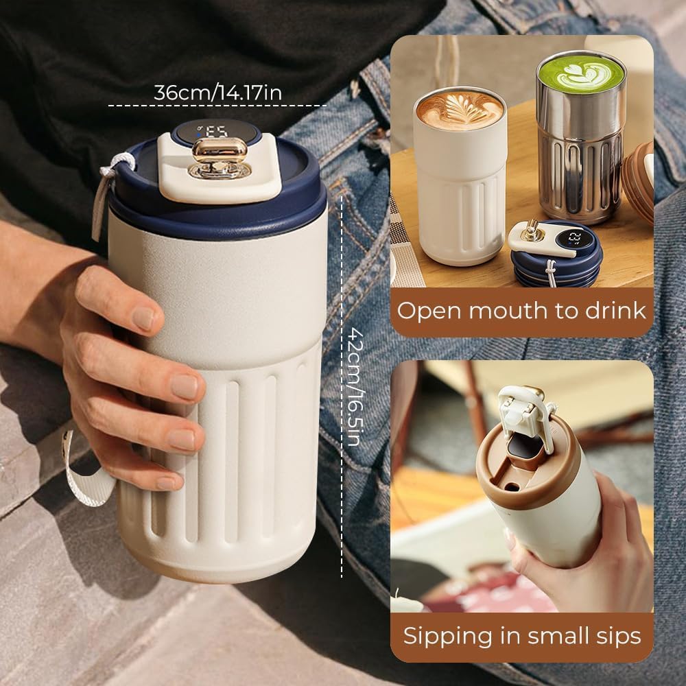 Picture of Coffee Cups with Temperature Display, Portable 450ml Large Capacity LED Temperature Display Water Bottle Cups Travel Mug - Multicolor