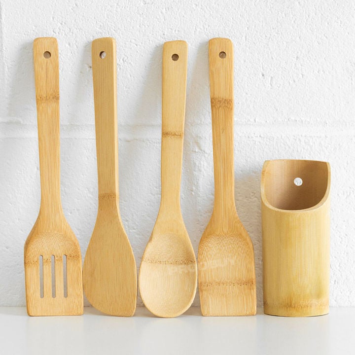 Picture of Bamboo Cooking Spoon 4 pieces set with Holder (11.5×1.5×0.25 Inches) - Multicolor