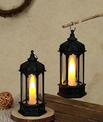 Picture of Antique LED Hurricane Lantern Lamp, Wall Hanging Led String Light Holder for Home, Deepavali Pooja Decor, Living Room, Bedroom - Multicolor