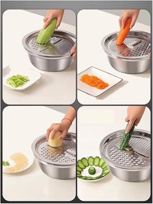 Picture of 3pcs stainless steel pot vegetable cutter slicer drain basket sieve Kitchen Tool grater strainer Rice Washing Filter - Silver