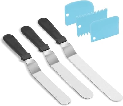 Picture of 2 pcs combo set ngled Icing Spatula Set and 3 Packs Cake Scrapers Smoother, Stainless Steel Offset Spatulas Cake Frosting Spatula Set for Pastry Decorating Tools - Multicolor