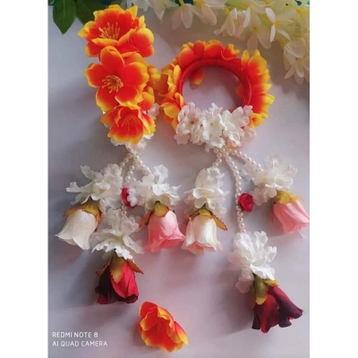 Picture of Artificial Flower Jewellery 2 Pcs Bangle/Bracelets Bridal/Holud/Boishakh Fashion For Women - Multicolor