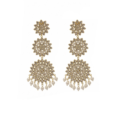 Picture of Gorgeous party wear antique golden necklace and earring set for girls and woman. - Gold