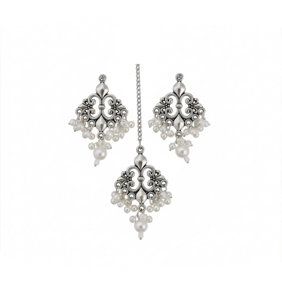 Picture of Gorgeous party wear antique silver necklace and earring set for girls and woman - Silver