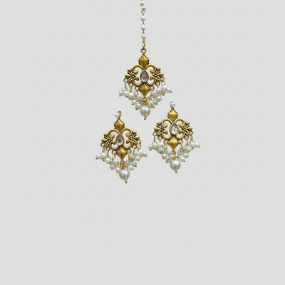 Picture of Gorgeous party wear antique golden necklace and earring set for girls and woman. - Gold