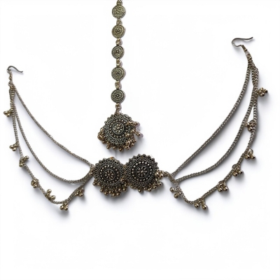 Picture of Antics Jewelry Set for Women Necklace Earrings Maangtikka Golden Metal Fashion Accessory for Special Occasions - Multicolor