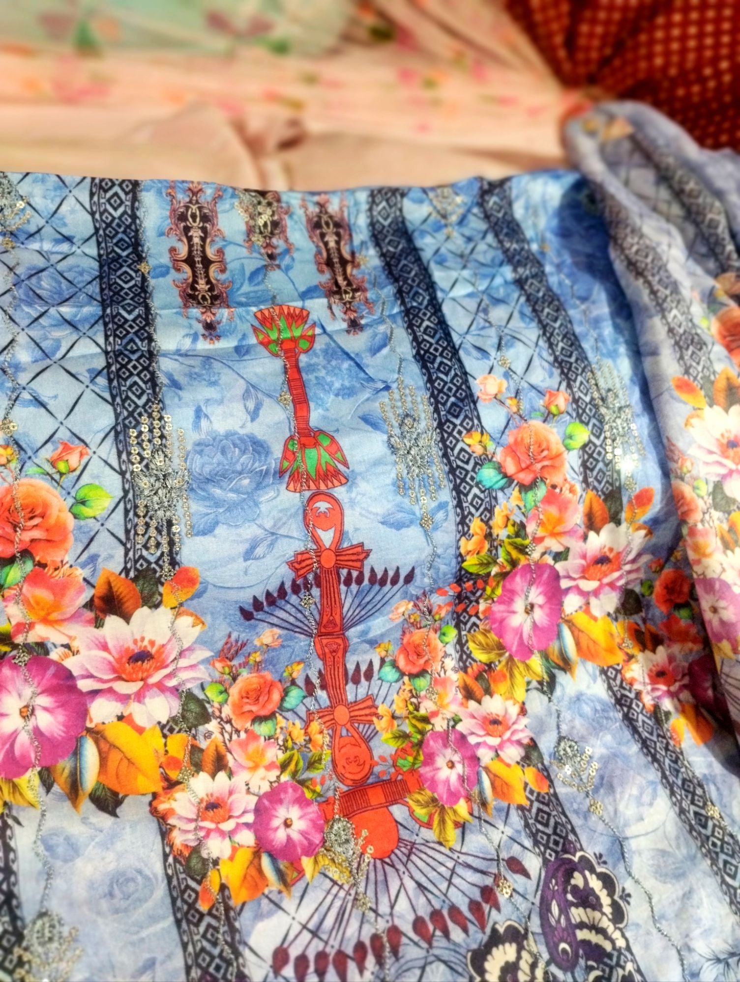 Picture of Elegant Cotton 3-Piece Salwar Kameez - Printed & Embroidered with Sequins Work