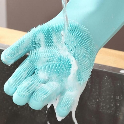Picture of Silicone Dish Washing Kitchen Hand Gloves with Built-in Scrubbers – Multipurpose Cleaning Gloves Blue