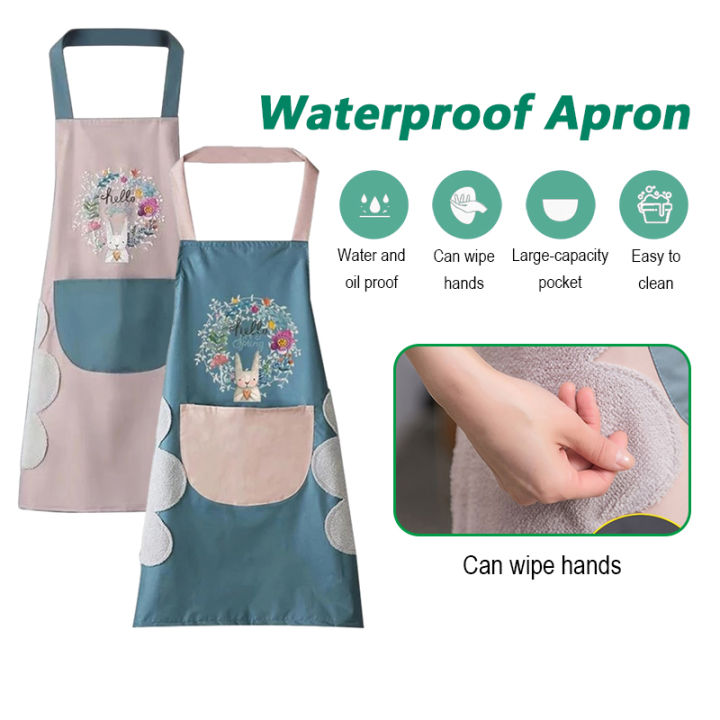 Picture of Waterproof & Oil-Proof Kitchen Apron with Hand-Wipe Towels | Adjustable Cooking Apron for Women | Large Front Pocket | Cute Cartoon Rabbit & Floral Wreath Design Multicolor