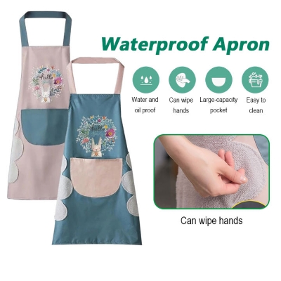 Picture of Waterproof & Oil-Proof Kitchen Apron with Hand-Wipe Towels | Adjustable Cooking Apron for Women | Large Front Pocket | Cute Cartoon Rabbit & Floral Wreath Design Multicolor