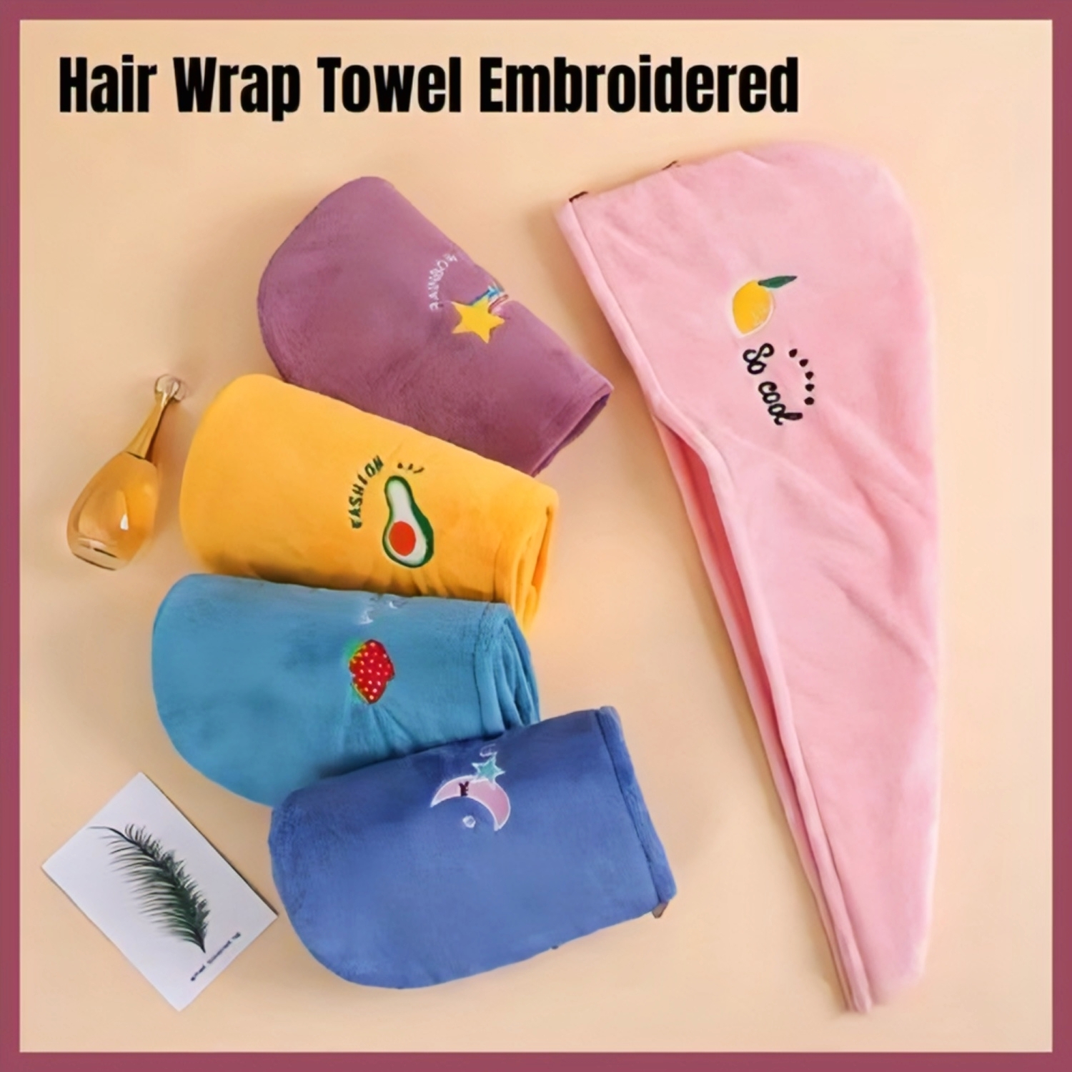 Picture of Quick Dry Microfiber Hair Towel Wrap Turban for Women & Girls | Super Absorbent Hair Drying Cap | Soft Bath Head Towel with Button | Cute Embroidered Design Multicolor