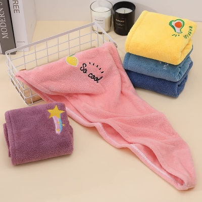 Picture of Quick Dry Microfiber Hair Towel Wrap Turban for Women & Girls | Super Absorbent Hair Drying Cap | Soft Bath Head Towel with Button | Cute Embroidered Design Multicolor