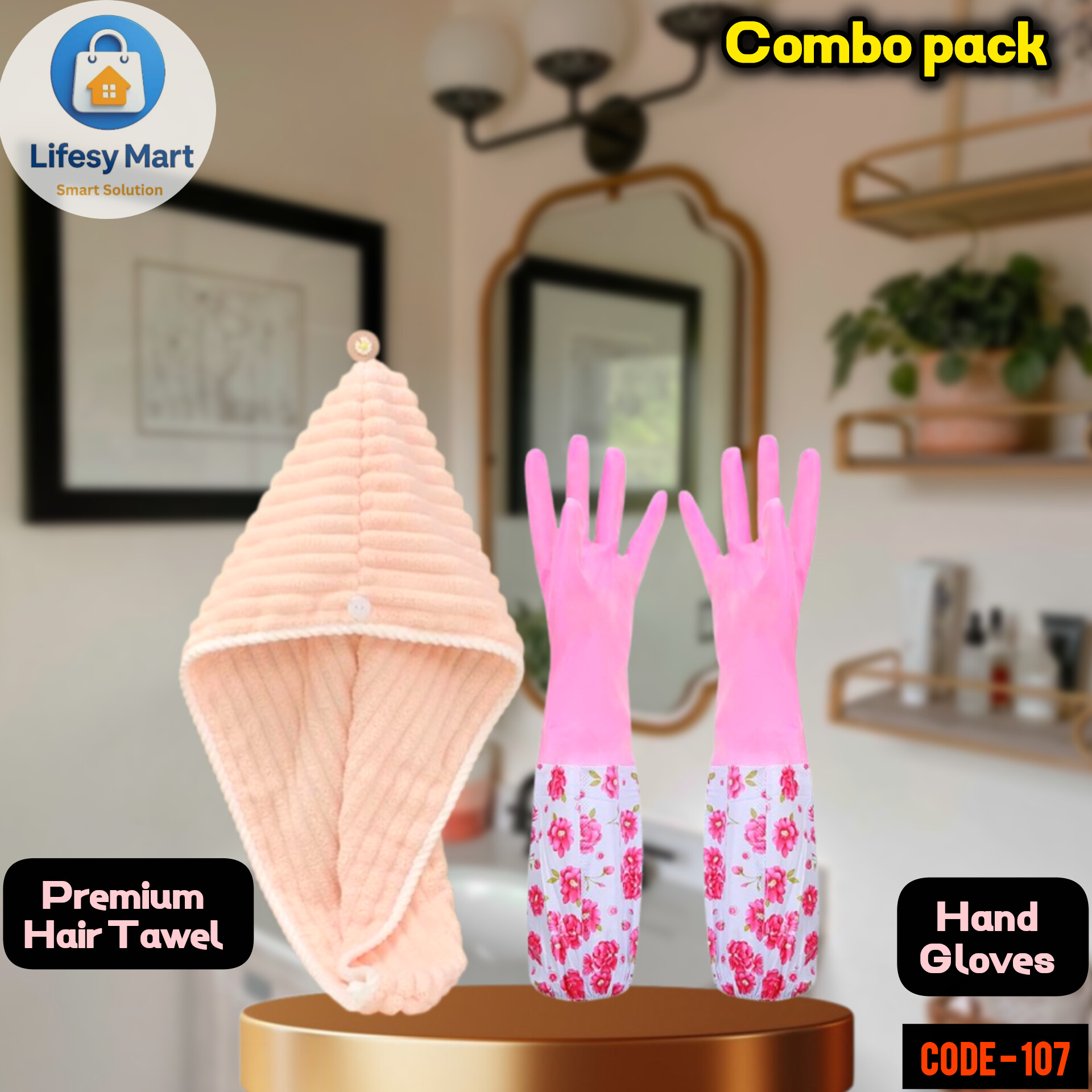 Picture of Super Absorbent Hair Towel Wrap & Winter Hand Gloves Combo Pack • Quick-Drying Hair Turban & Cold Water Protection Gloves • Perfect for Winter Multicolor