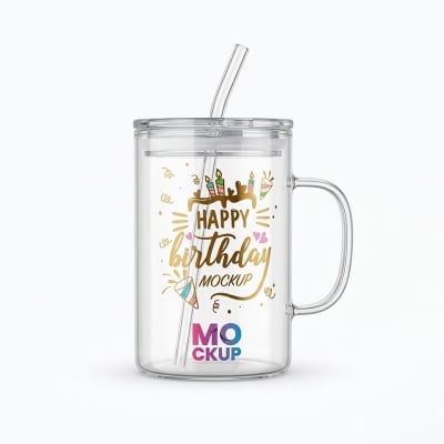 Picture of 1 Happy Birthday Premium Jar Mug- Elegant Glass Container for Storage, Preservation and Decor, Airtight Lid, Versatile and Stylish Jar, Milkshake, Coffee & Juice Jar with Straw(Multicolor)