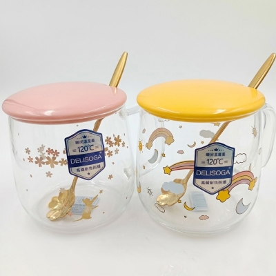 Picture of 1 Cute Fruity Printed Glass Mug With Lid & Spoon 27L-IT(Multicolor)