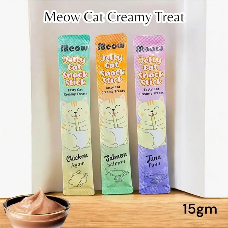 Picture of 12PCS Meow Cat Creamy Treats, lickable cat treats that come in Chicken, Salmon, and Tuna flavors(15GM)