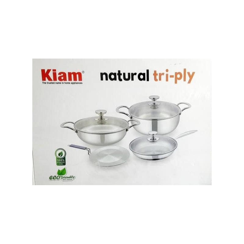 Picture of KIAM NATURAL TRI-PLY STAINLESS STEEL COOKWARE 7-PIECE SET- KARAI 26 CM, CASSEROL 26 CM, RUTI TAWA 26 CM, FRY PAN 24 CM(Multicolor)