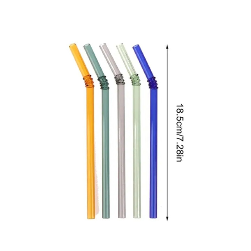 Picture of 6 Pieces Glass Straws with Design | Colorful Shatter Resistant Bend , 8.2'' X 8mm with Cleaning Brush(Multicolor)