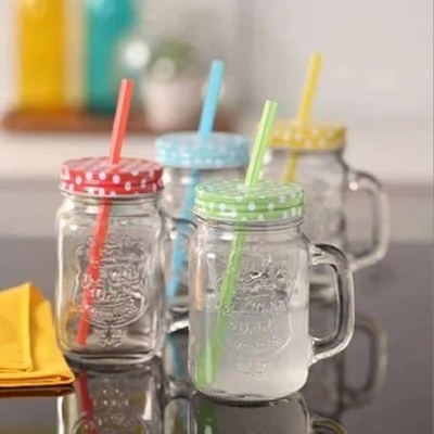 Picture of 1PC Serve Refreshing Drinks In Mason Jars With Handle Colorful Lid With Reusable Straw MULTI-COLOR(Multicolor)