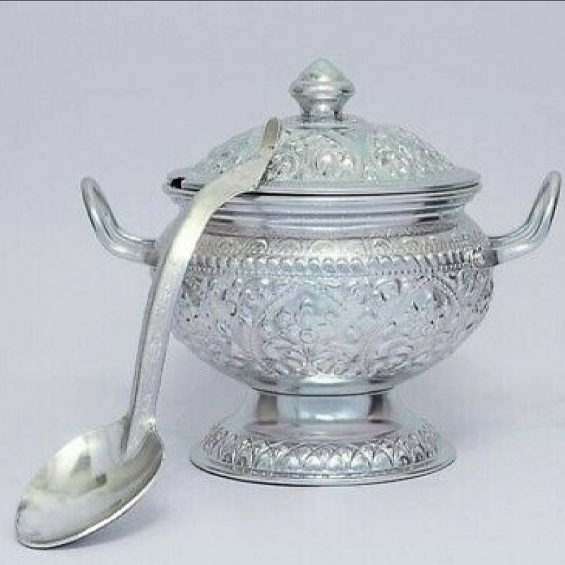 Picture of 1 PC Rice Bowl & Ladle Spoon Thai Pattern Rice Container Aluminum Curry Serving 322(Silver322)