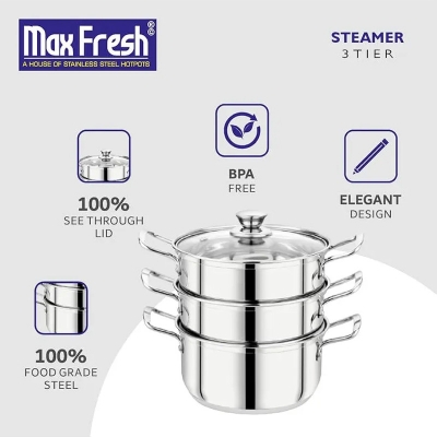 Picture of 24cm Maxfresh Stainless Steel Steamer/Modak/Momo Maker with See through Lid, (24cm x 3 tier),Silver(Silver)