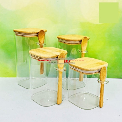 Picture of 4 Pcs Airtight Glass Cookie Jar OR Spice Jar Set with Spoon(Multicolor)