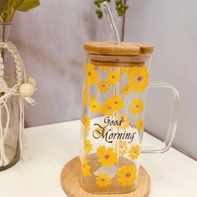 Picture of 1 Glass Mug Flower Printed With Bamboo Lid & Sip 6363(Multicolor)