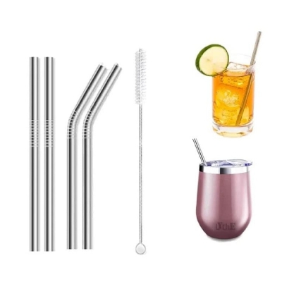 Picture of Reusable BPA-Free Metal, Thick, Long, Dishwasher Safe Stainless Steel Drinking Straws (3 Straw and 1 Cleaning Brushes)(Multicolor)