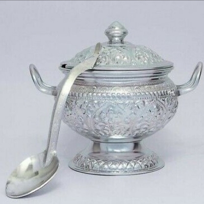 Picture of 1 PC Rice Bowl & Ladle Spoon Thai Pattern Rice Container Aluminum Curry Serving 320(Silver320)