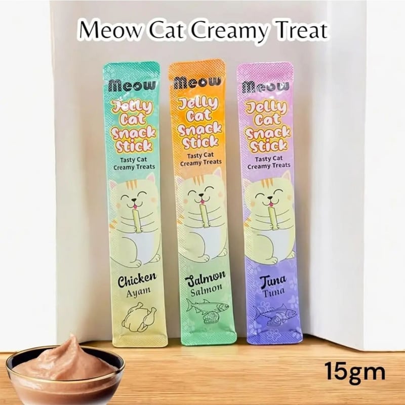 Picture of 3 PCS Meow Cat Creamy Treats are savory, lickable cat treats that come in Chicken, Salmon, and Tuna flavors(15GM)