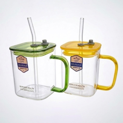 Picture of 1PC 490ML Delisoga Glassware mug, specifically a heat-resistant borosilicate square glass cup with a straw(Multicolor)