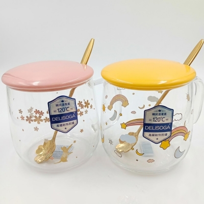 Picture of 1PC Cute Fruity Printed Glass Mug With Lid & Spoon 27L-IT(Multicolor)