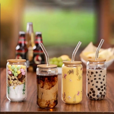 Picture of 1 Plain Glass Can With Bamboo Lid & Sip 61-2(Multicolor)